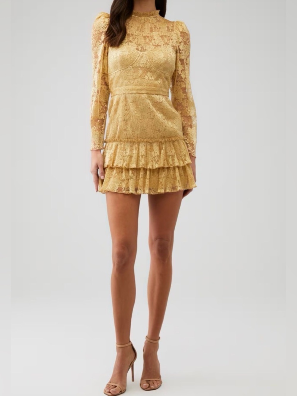 Saylor Adria Gold Long Sleeve Ruffle Mini Dress - Medium
